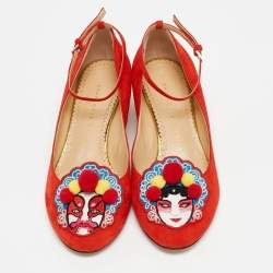 مملوكة مسبقًا Charlotte Olympia Red Suede Peking Anke Strap Pumps Size 36.5