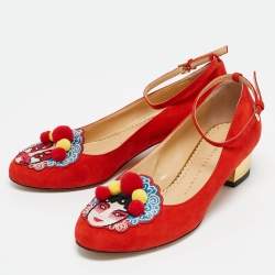 مملوكة مسبقًا Charlotte Olympia Red Suede Peking Anke Strap Pumps Size 36.5