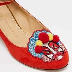مملوكة مسبقًا Charlotte Olympia Red Suede Peking Anke Strap Pumps Size 36.5