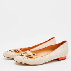 Charlotte Olympia Beige/Orange Canvas Cat Ballet Flats Size 38.5