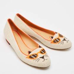 Charlotte Olympia Beige/Orange Canvas Cat Ballet Flats Size 38.5