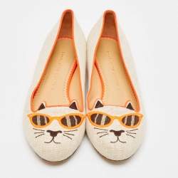 Charlotte Olympia Beige/Orange Canvas Cat Ballet Flats Size 38.5