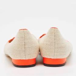 Charlotte Olympia Beige/Orange Canvas Cat Ballet Flats Size 38.5