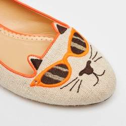 Charlotte Olympia Beige/Orange Canvas Cat Ballet Flats Size 38.5