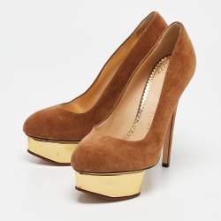 Charlotte Olympia Brown Suede Dolly Platform Pumps Size 37.5