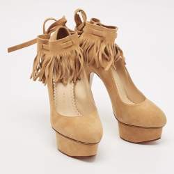 Pre Owned Charlotte Olympia Beige Suede Dolly Platform Pumps Size 34