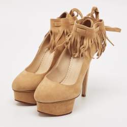 Pre Owned Charlotte Olympia Beige Suede Dolly Platform Pumps Size 34