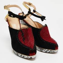 مملوكة مسبقًا Charlotte Olympia Red/Gold Suede And Leather Love Ankle Strap Sandals Size 39