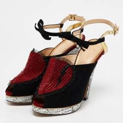 مملوكة مسبقًا Charlotte Olympia Red/Gold Suede And Leather Love Ankle Strap Sandals Size 39