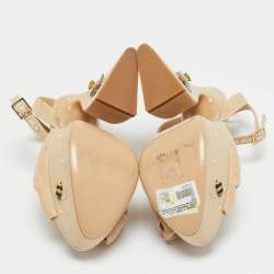 Charlotte Olympia Beige Canvas Floral Vreeland Embellished Platform Sandals Size 41