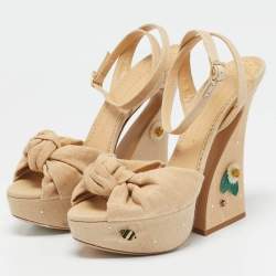 Charlotte Olympia Beige Canvas Floral Vreeland Embellished Platform Sandals Size 41