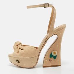 Charlotte Olympia Beige Canvas Floral Vreeland Embellished Platform Sandals Size 41