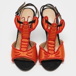 Charlotte Olympia Orange/Black Fabric and Suede Ankle Strap Sandals Size 35