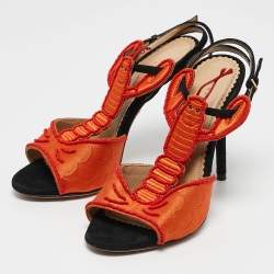 Charlotte Olympia Orange/Black Fabric and Suede Ankle Strap Sandals Size 35