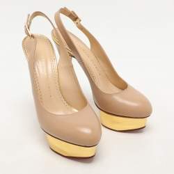 Charlotte Olympia Beige Leather Dolly Slingback Platform Sandals Size 37