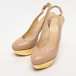 Charlotte Olympia Beige Leather Dolly Slingback Platform Sandals Size 37