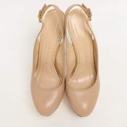 Charlotte Olympia Beige Leather Dolly Slingback Platform Sandals Size 37
