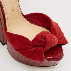 Charlotte Olympia Burgundy Croc Embossed Leather and Suede Ankle Strap Sandals Size 35