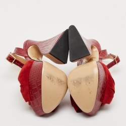 Charlotte Olympia Burgundy Croc Embossed Leather and Suede Ankle Strap Sandals Size 35