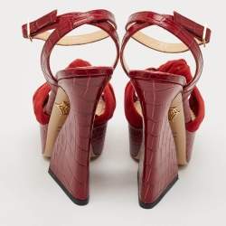Charlotte Olympia Burgundy Croc Embossed Leather and Suede Ankle Strap Sandals Size 35
