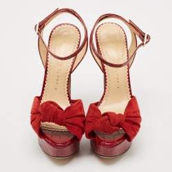 Charlotte Olympia Burgundy Croc Embossed Leather and Suede Ankle Strap Sandals Size 35