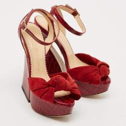 Charlotte Olympia Burgundy Croc Embossed Leather and Suede Ankle Strap Sandals Size 35