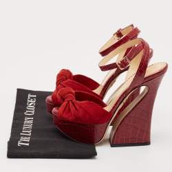 Charlotte Olympia Burgundy Croc Embossed Leather and Suede Ankle Strap Sandals Size 35