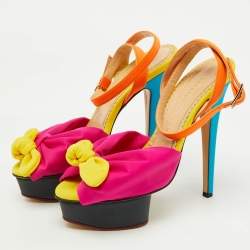 Charlotte Olympia Multicolor Fabric Serena Bow Ankle Strap Platform Sandals Size 36