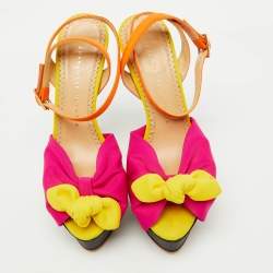 Charlotte Olympia Multicolor Fabric Serena Bow Ankle Strap Platform Sandals Size 36