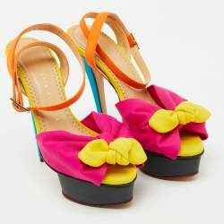 Charlotte Olympia Multicolor Fabric Serena Bow Ankle Strap Platform Sandals Size 36