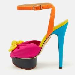 Charlotte Olympia Multicolor Fabric Serena Bow Ankle Strap Platform Sandals Size 36