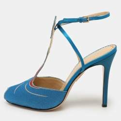 Charlotte Olympia Blue Metallic Lurex Fabric Ankle Strap Sandals Size 40
