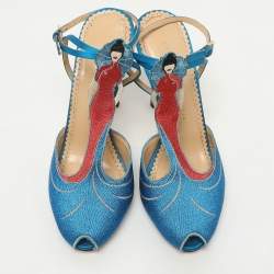 Charlotte Olympia Blue Metallic Lurex Fabric Ankle Strap Sandals Size 40