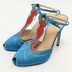 Charlotte Olympia Blue Metallic Lurex Fabric Ankle Strap Sandals Size 40