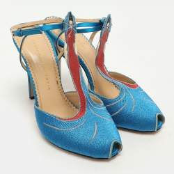 Charlotte Olympia Blue Metallic Lurex Fabric Ankle Strap Sandals Size 40