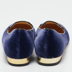 Charlotte Olympia Blue Velvet Kitty Smoking Slippers Size 37