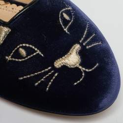 Charlotte Olympia Blue Velvet Kitty Smoking Slippers Size 37