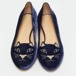 Charlotte Olympia Blue Velvet Kitty Smoking Slippers Size 37
