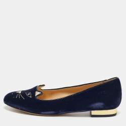 Charlotte Olympia Blue Velvet Kitty Smoking Slippers Size 37