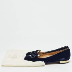 Charlotte Olympia Blue Velvet Kitty Smoking Slippers Size 37