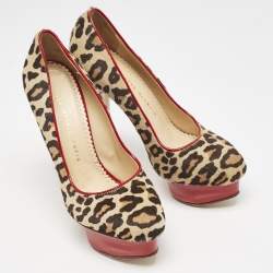 Charlotte Olympia Brown Leopard Print Calf Hair Polly Platform Pumps Size 38