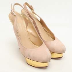 Charlotte Olympia Beige Suede Dolly Slingback Platform Pumps Size 38