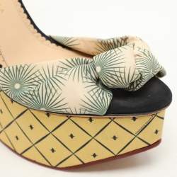 Charlotte Olympia Black/Green Satin Tie Ankle Strap Wedge Sandals Size 38.5