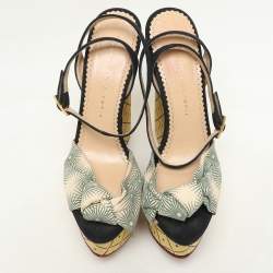 Charlotte Olympia Black/Green Satin Tie Ankle Strap Wedge Sandals Size 38.5