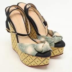 Charlotte Olympia Black/Green Satin Tie Ankle Strap Wedge Sandals Size 38.5