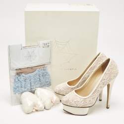 Charlotte Olympia Beige Lace and Fabric Polly Platform Pumps Size 37
