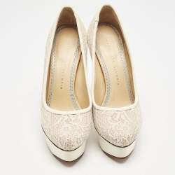 Charlotte Olympia Beige Lace and Fabric Polly Platform Pumps Size 37