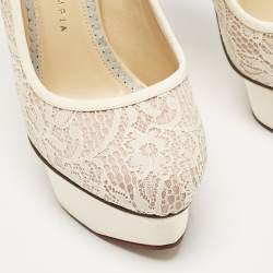 Charlotte Olympia Beige Lace and Fabric Polly Platform Pumps Size 37