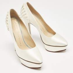 Charlotte Olympia White Satin Paloma Platform Pumps Size 37