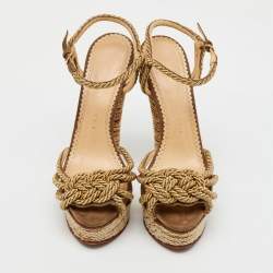Charlotte Olympia Gold Metallic Rope and Suede Platform Ankle Strap Sandals Size 38